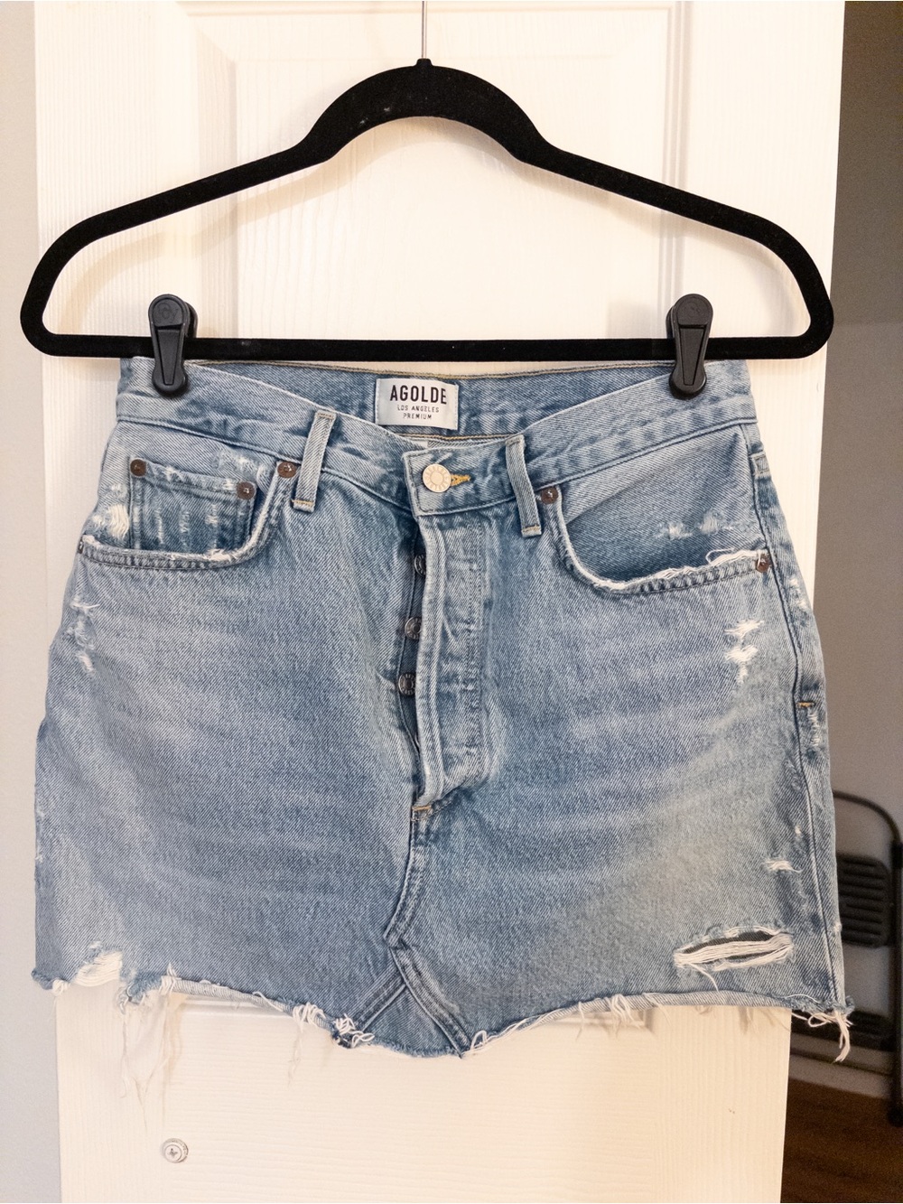 Agolde Light Blue Distressed Raw Hem Denim Shorts